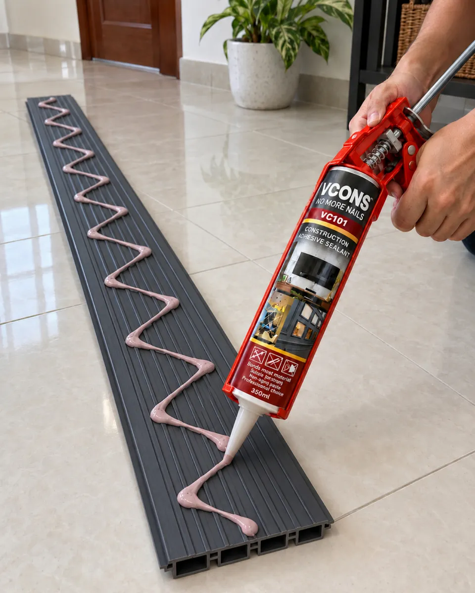 Gam disapu secara zigzag di belakang panel dengan caulking gun