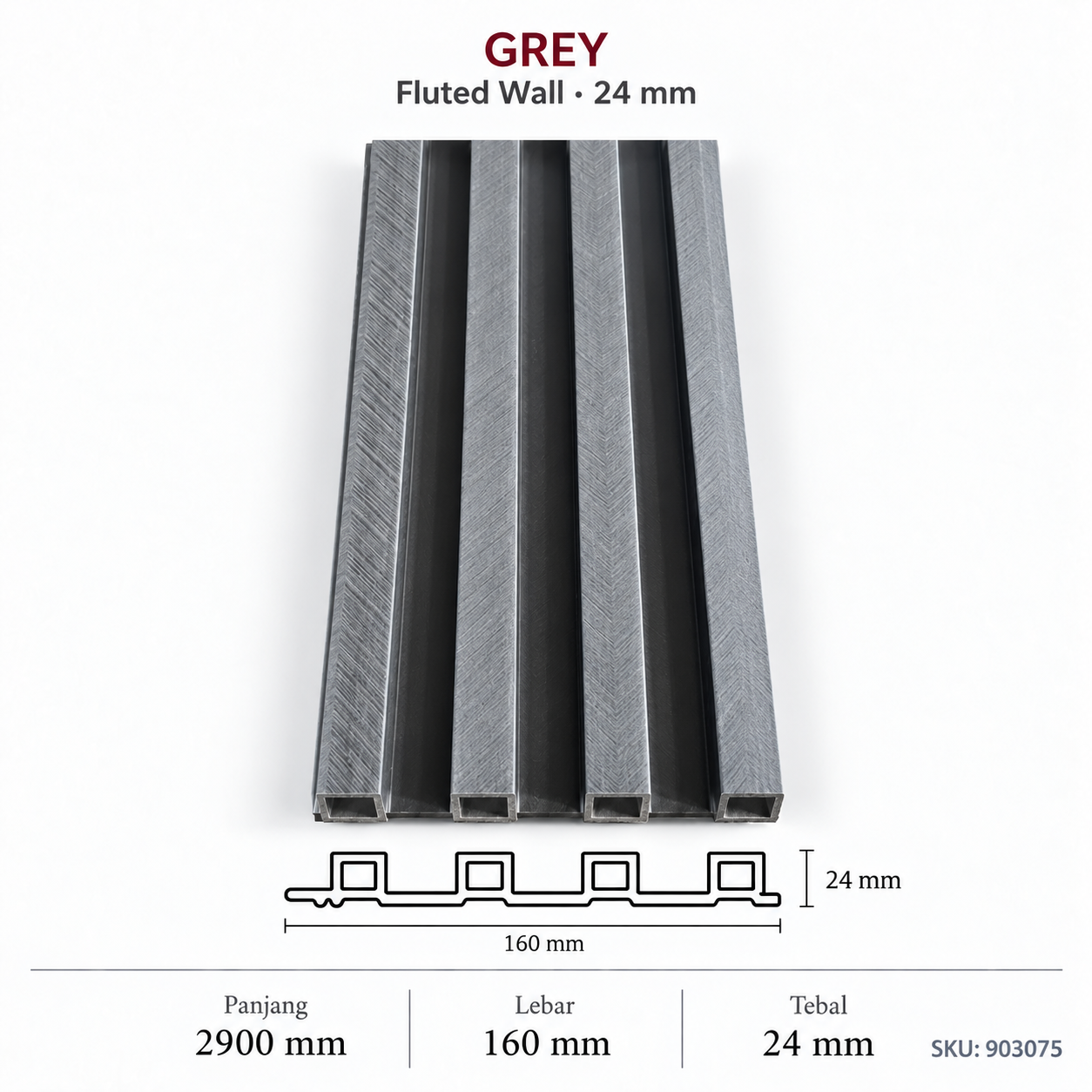 Grey - 24Mm Fluted Wall Black Panel