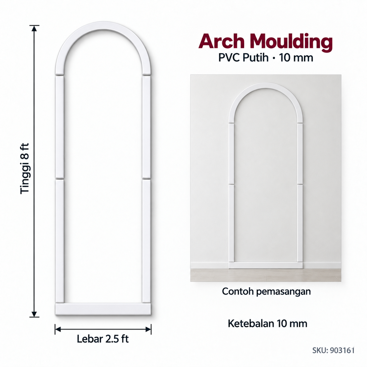 10mm White Arch Moulding PVC Wainscoting